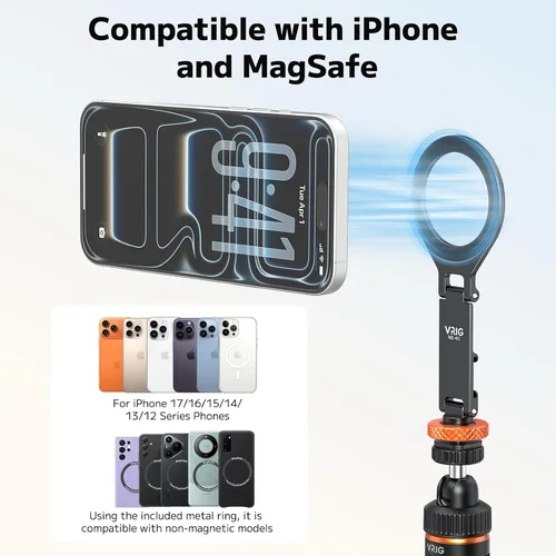 Miniatura 6 de VRIG MG-40 Soporte magnético para trípode para Magsafe, tres ejes giratorios con rosca de 1/4 y adaptador de zapata fría para cámara, compatible