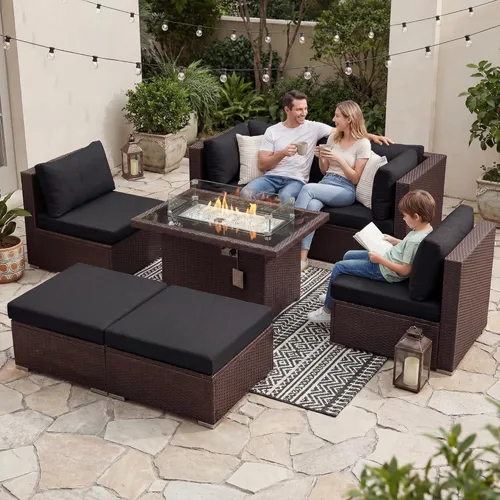 Miniatura 107 de NICESOUL Juego de muebles de patio para exteriores de 7 piezas con mesa para hoguera, gas natural y propano convertible, respaldo alto de 29.3