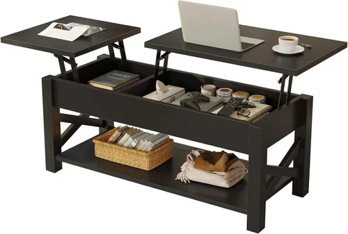 Rolanstar - Mesa de café 47.2", mesa central de granja de elevación de 2 vías con compartimento oculto, estante abierto y soporte de madera en X