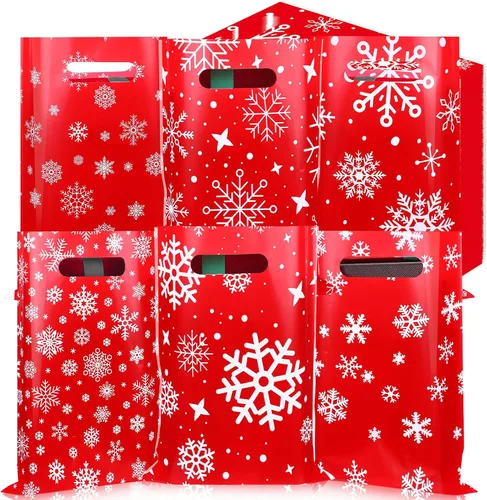 Miniatura 7 de Sinmoe 200 piezas bolsas de plástico de Navidad a granel, bolsa de regalo de mercancía de Navidad con asa de 9" x 12", reutilizable, bolsa