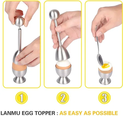 Miniatura 6 de Xicennego Juego de 5 tapas para galletas de huevo, incluye 2 tazas de huevo, 2 cucharas y 1 cortador, abridor de huevos fácil de acero inoxidable