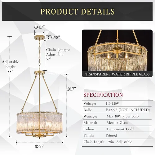 Miniatura 3 de CATINER Candelabro de cristal de 20 pulgadas, moderno, 6 luces, lámparas de tambor dorado, iluminación colgante de techo de lujo para entrada