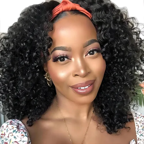 Miniatura 11 de ISEE Hair Peluca de cabello humano afro rizado crespo con diadema, densidad del 180%, pelucas afro para mujeres negras, rizos naturales, pelucas