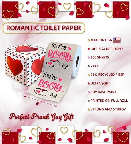 Miniatura 3 de Printed TP You're Booty-ful - Papel higiénico impreso para regalo de broma, divertido rollo de papel higiénico para San Valentín, decoración de Rojo