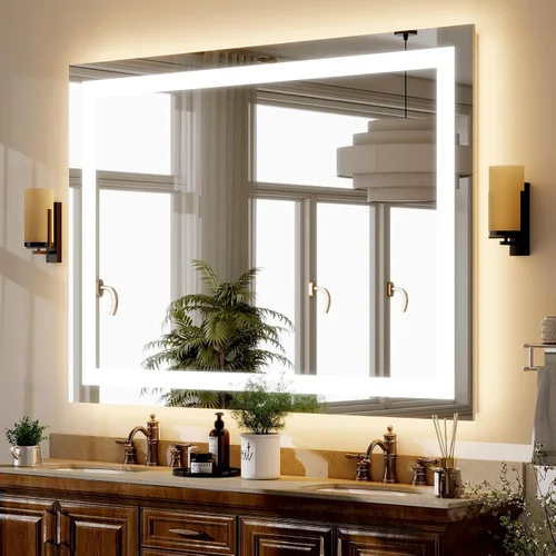 GLSLAND Espejo de baño LED de 26 x 38 pulgadas con luces, espejos de tocador regulables delanteros y retroiluminados, espejo iluminado antivaho