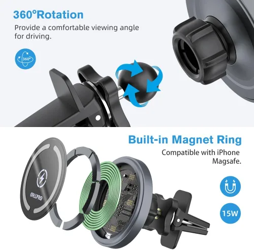 Miniatura 6 de OHLPRO Cargador de coche MagSafe para iPhone, cargador inalámbrico para coche, soporte magnético para teléfono para iPhone 17 Pro Max 16 15 14