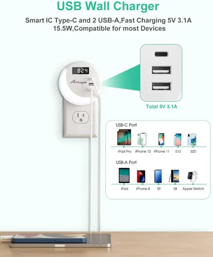 Miniatura 2 de Alitayee Luz nocturna LED, luces nocturnas enchufables a la pared, luz nocturna inteligente con sensor de luz nocturna con cargador USB C