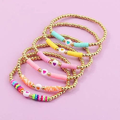 Miniatura 5 de COLORFUL BLING Paquete de 6 pulseras de cuentas doradas con diseño de bola de disco de vinilo arcoíris para mujeres y niñas