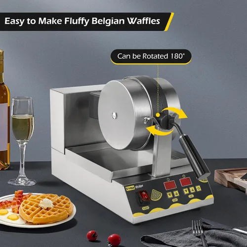 Miniatura 5 de Dyna-Living Máquina de gofres belga comercial inteligente redonda giratoria 180° antiadherente Flip Waffle Iron Machine profesional comercial