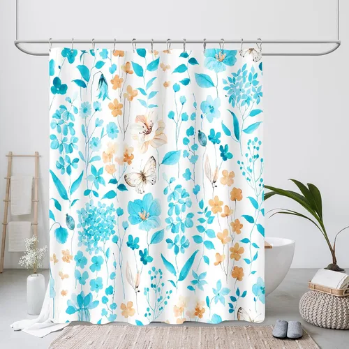 Miniatura 2 de MAYZUS Cortina de ducha con flores azules acuáticas, lindas cortinas de tela con flores para baño, juego de cortinas de tela de aguamarina