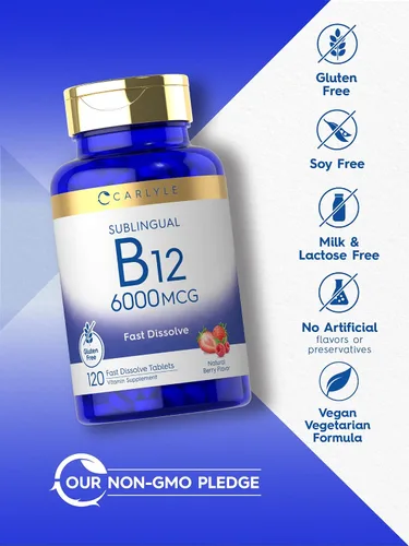 Miniatura 4 de Carlyle Vitamina B-12 6000mcg 120 tabletas de disolución rápida Sabor natural de bayas Cianocobalamina y metilcobalamina Suplemento