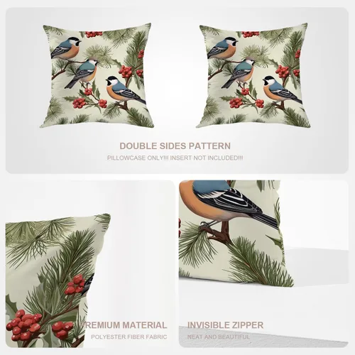 Miniatura 4 de Fundas de almohada con diseño de pinos y pájaros, bayas rojas, hojas de acebo, fondo beige, funda de cojín de mezcla digital, funda de almohada