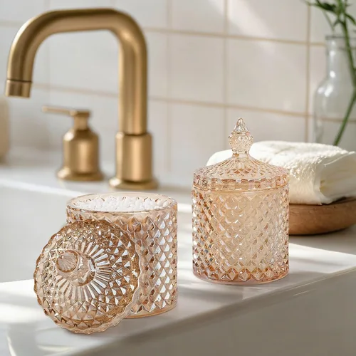 Miniatura 2 de Paquete de 2 Portacotonetes Frascos de Boticario de Vidrio Grueso con Tapa para Decoración de Baño Organizador de Almacenamiento para Hisopos