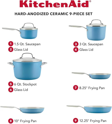 Miniatura 2 de KitchenAid Juego de ollas y sartenes antiadherentes de cerámica anodizada dura, 9 piezas, terciopelo azul Azul terciopelo
