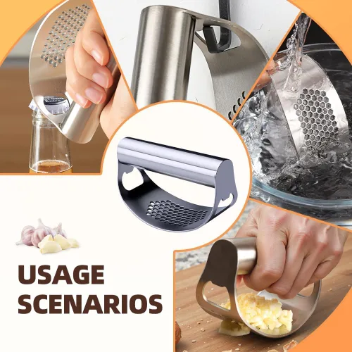 Miniatura 6 de Prensa de ajo de acero inoxidable Rocke, nueva picadora de ajo y trituradora de ajo, trituradora de ajo manual fácil de apretar con pelador