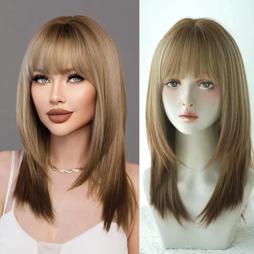 Miniatura 23 de 7JHH WIGS - Peluca de cabello sintético largo y liso con flequillo para mujer, aspecto natural (22 pulgadas, té negro)