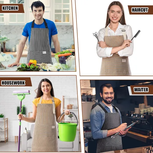 Miniatura 7 de Janmercy 24 delantales para mujeres y hombres con 2 bolsillos, delantal de cocina de lino, delantal ajustable para chef, delantales a granel unisex