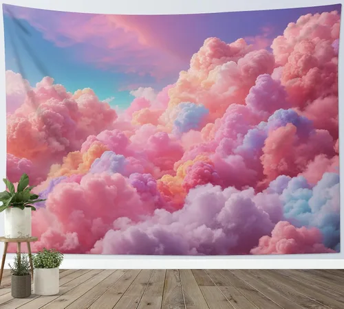 Miniatura 2 de LB Tapiz de nube rosa para colgar en la pared, cielo azul y fantasía, nube pastel, paisaje natural, tapiz de pared para dormitorio, arte de pared