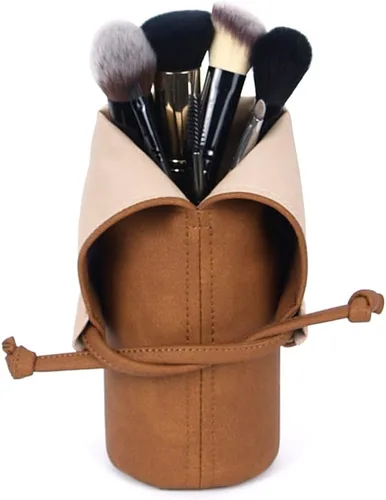 Soporte para brochas de maquillaje de viaje, bolsa vegana hecha a mano, bolsa de piel sintética, organizador de maquillaje marrón, organizador de