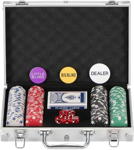 Juego de 200 fichas de póquer para Texas Holdem, blackjack, torneos con estuche de aluminio, 2 barajas de cartas, botón de repartidor, botón de Rojo