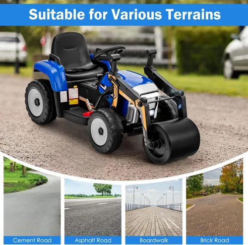 Miniatura 5 de HONEY JOY Coche de paseo eléctrico de 12 V con control remoto, tractor de batería para niños pequeños con rodillo de tambor ajustable, bocina y Azul