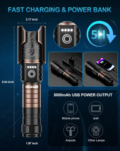 Miniatura 4 de Linterna recargable de 5000 lúmenes, linterna LED táctica de altos lúmenes con lente de encendido, 6 modos de zoom impermeable para campamento