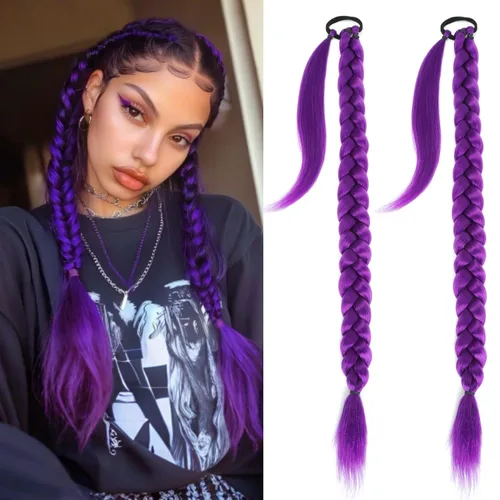 Miniatura 7 de 2 paquetes de 16 pulgadas de extensión de cola de caballo trenzada larga negra para mujeres negras con banda elástica, trenzado recto, extensiones
