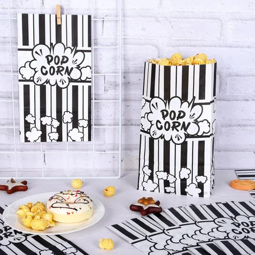 Miniatura 3 de Whaline 200 bolsas de papel para palomitas de maíz de noche de película, 2 onzas, rayas blancas y negras, contenedor de palomitas de maíz de fondo