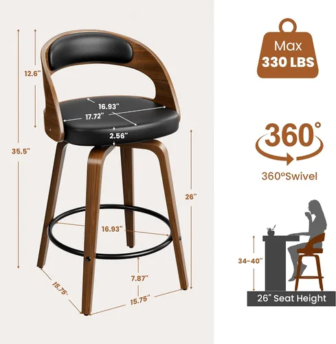 Miniatura 3 de YaFiti Taburetes de bar, taburetes de bar de 26 pulgadas de altura de mostrador con patas de madera curvada, taburetes giratorios con respaldo