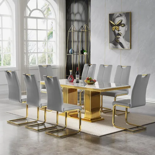 Miniatura 45 de 5 Piece Black Marble Dining Table Set for 4, Modern Faux Marble Kitchen Dining Room Tables with 4 Leather Chairs Set, 68.11" Luxury Rectangular
