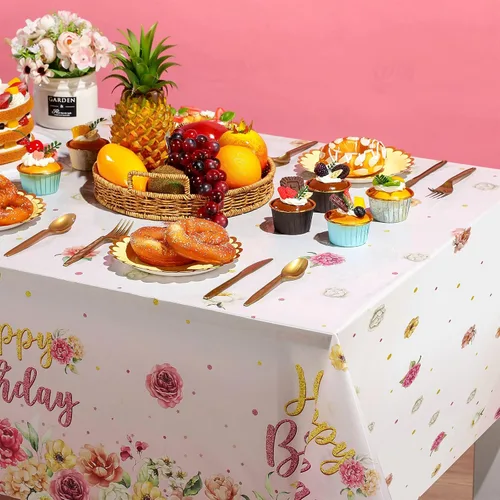 Miniatura 5 de Oudain Mantel de plástico para fiesta de cumpleaños, 3 piezas, color rosa, desechable, rectangular, rosa, para decoración de fiesta de cumpleaños