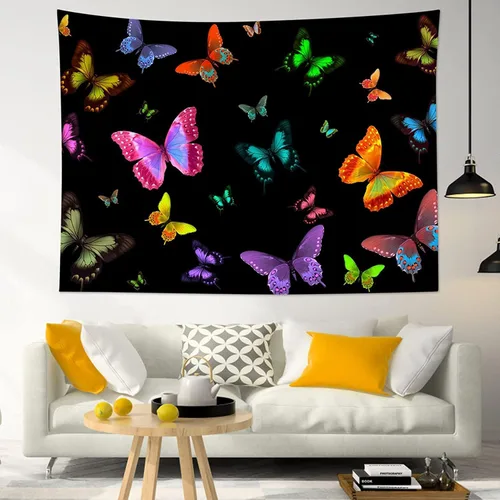 Miniatura 3 de LB Tapiz de mariposa colorido para colgar en la pared, diseño de mariposas de insectos sobre fondo negro, tapiz hippie de fantasía para dormitorio