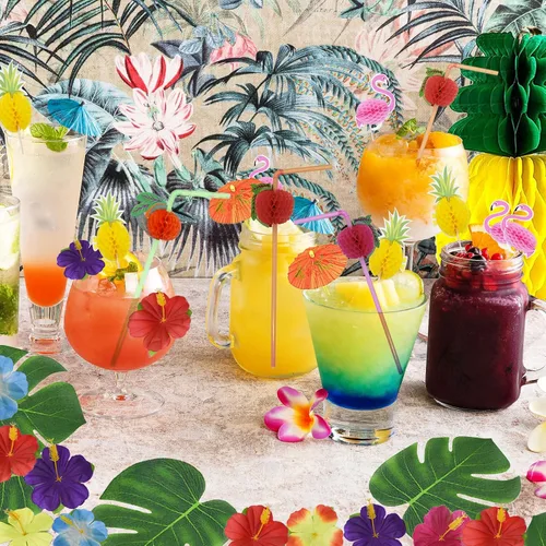 Miniatura 6 de JOPHMO Paquete de decoración de fiesta tropical Luau hawaiana temática de playa, suministros de fiesta Luau (112 piezas) incluyendo pancarta, falda