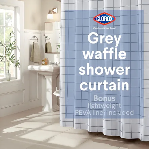 CLOROX Cortina de ducha con patrón de cuadros tipo gofre para baño con forro de PEVA impermeable y ligero, tamaño estándar, ojales metálicos, sin
