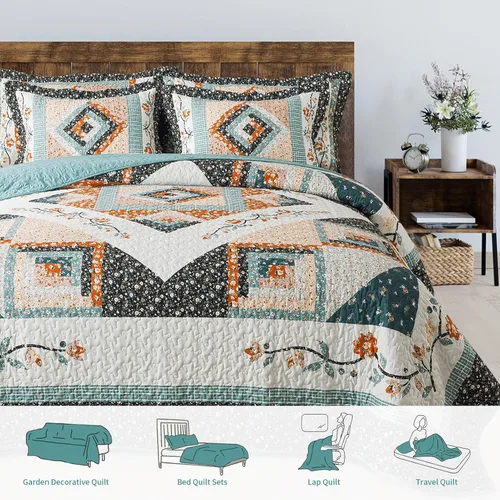 Miniatura 7 de TWINRUN Edredones de algodón tamaño Queen, colcha ligera tamaño Queen para cama, juego de edredón reversible suave a cuadros florales tamaño Queen G