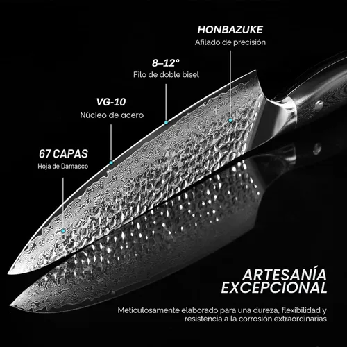 Miniatura 3 de Cuchillo de chef KYOKU - 8" - Cuchillo de cocina estilo japonés de la serie Shogun, hoja de Damasco martillada con núcleo de acero VG10 - con funda