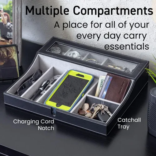 Miniatura 4 de Houndsbay Navigator - Bandeja organizadora grande para hombre con caja de relojes, organizador de joyas y estación de carga para móvil, Café Oscuro