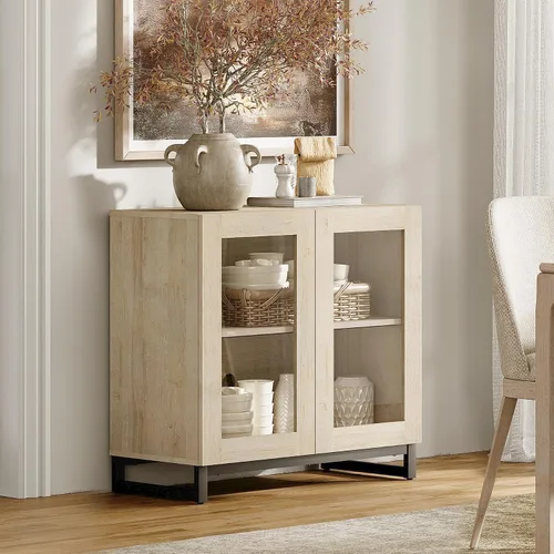 WAMPAT - Gabinetes de aparador con puertas de vidrio, aparador moderno con estante ajustable, gabinete de almacenamiento para barra de café para