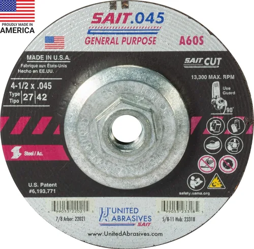 United Abrasives-SAIT 23318 A60S Ruedas de corte de propósito general (centro deprimido tipo 27/tipo 42) 4 1/2" x.045" x 5/8-11", paquete de 10