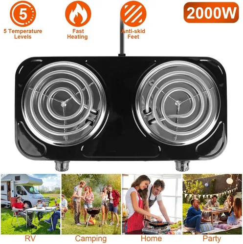 Miniatura 3 de Quemador doble de 2000 W, placa eléctrica para cocinar estufa de cocina portátil, quemador de encimera para cocina, dormitorio, control de Negro