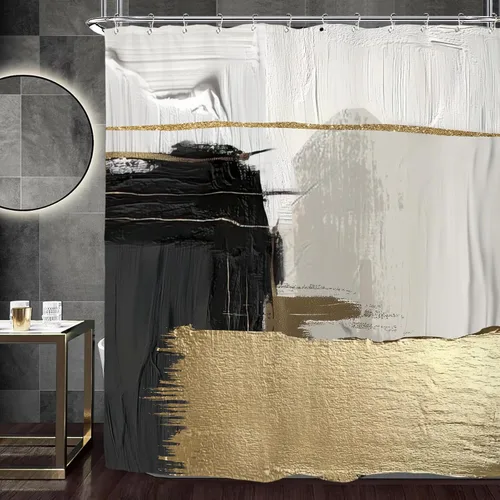Miyotaa Juego de cortina de ducha abstracta moderna en negro, oro y gris de 60x71 pulgadas; cortina de baño minimalista, neutral, estética