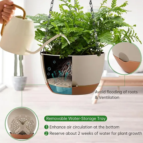 Miniatura 3 de Juego de 2 macetas colgantes de autoriego de 8 pulgadas para plantas de interior y exterior, cestas colgantes de bloques de color, macetas