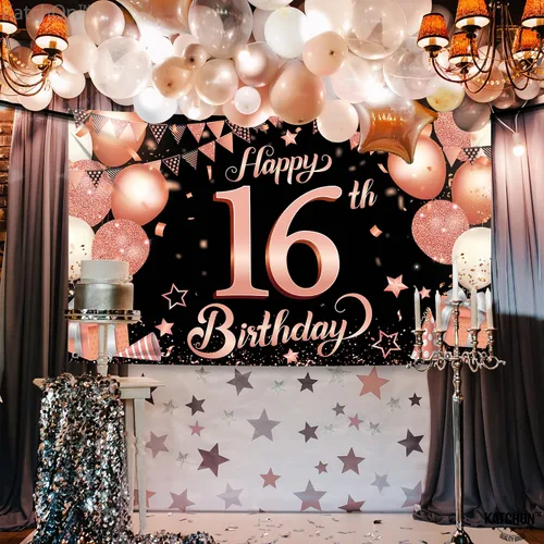 Miniatura 5 de KatchOn Cartel de feliz cumpleaños número 16 de oro rosa, grande de 72 x 44 pulgadas, decoraciones de fiesta de dulces 16, telón de fondo para niñas