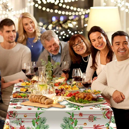 Miniatura 4 de Frienda Paquete de 3 manteles de plástico para Navidad, mantel de Navidad desechable rectangular para decoración de fiesta de Navidad, suministros