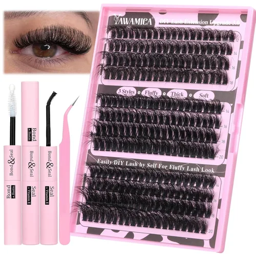 Yawamica Kit de Extensión de Pestañas Más Esponjosas Kit de Extensión de Pestañas de Volumen Grueso 14-20mm (0.55-0.79 pulgadas) Racimos de Pestañas