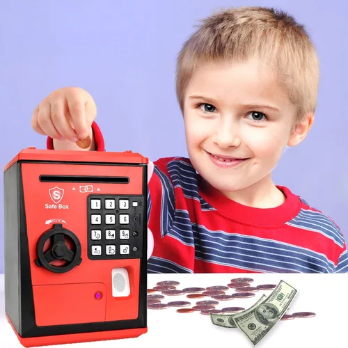 Miniatura 2 de LIKE Caja de Seguridad Hucha Juguetes para Niños con Huella Dactilar, Banco de Ahorros con Cajero Automático, Máquina de Monedas para Niños (Rojo)