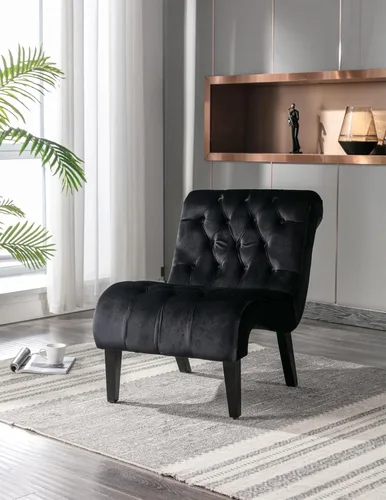 Miniatura 15 de Modern Velvet Armless Accent Living Room Chair,Upholstered Fabric Button Comfortable Leisure Chair with Wooden Legs for Bedroom,Office (Beige Velvet)
