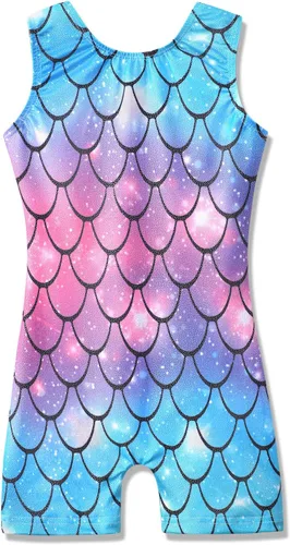 Miniatura 71 de HOZIY - Leotardos de gimnasia con pantalones cortos brillantes para niñas pequeñas; estampados de unicornio, aurora, arco iris, sirena, dinosaurio