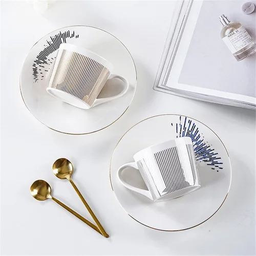 Miniatura 3 de Juego de tazas de café, taza de espejo y platillo creativo de lujo, taza de imagen invertida, taza de té de porcelana con incrustaciones doradas