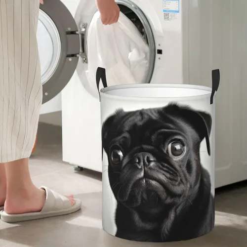 Miniatura 7 de Cute Black Pug Dog print Circular Hamper Waterproof Storage Bin Organizer Basket Laundry Hamper With Handles For Clothes Toys Small